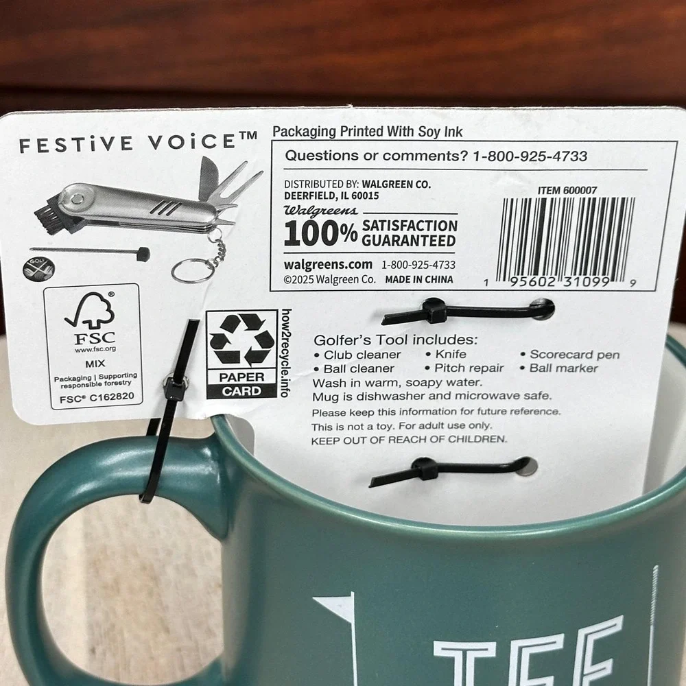 Tee Shot Golf Mug With 6-in-1 Divot Tool Festive Voice Green 12 oz New